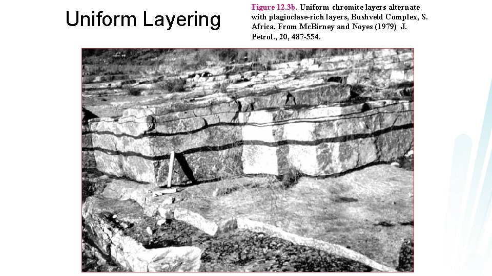 Uniform Layering Figure 12. 3 b. Uniform chromite layers alternate with plagioclase-rich layers, Bushveld