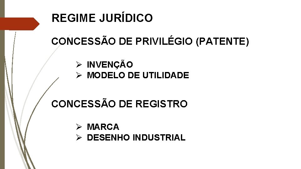 REGIME JURÍDICO CONCESSÃO DE PRIVILÉGIO (PATENTE) Ø INVENÇÃO Ø MODELO DE UTILIDADE CONCESSÃO DE