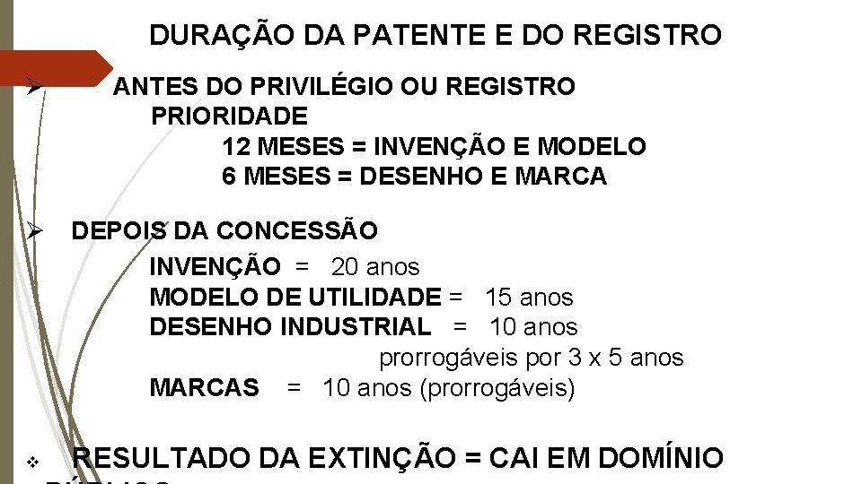 DURAÇÃO DA PATENTE E DO REGISTRO Ø ANTES DO PRIVILÉGIO OU REGISTRO PRIORIDADE 12