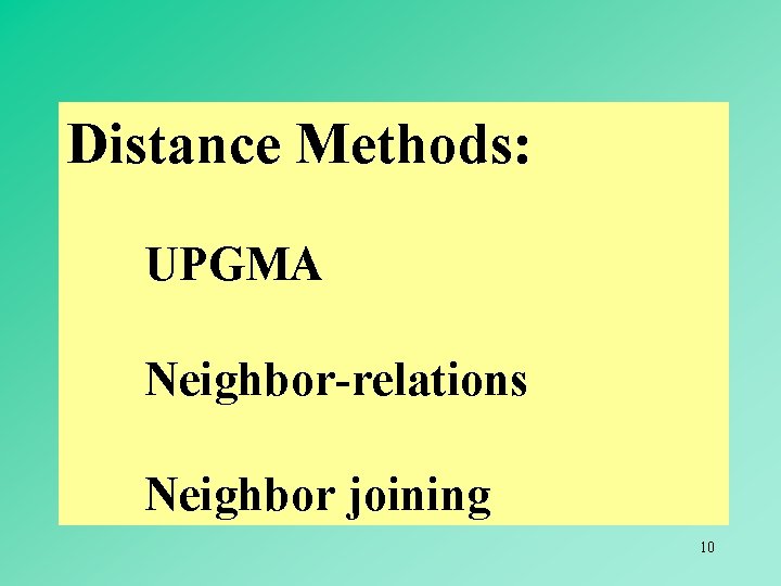 Distance Methods: UPGMA Neighbor-relations Neighbor joining 10 