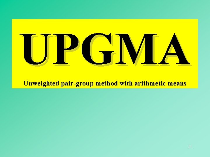 UPGMA Unweighted pair-group method with arithmetic means 11 