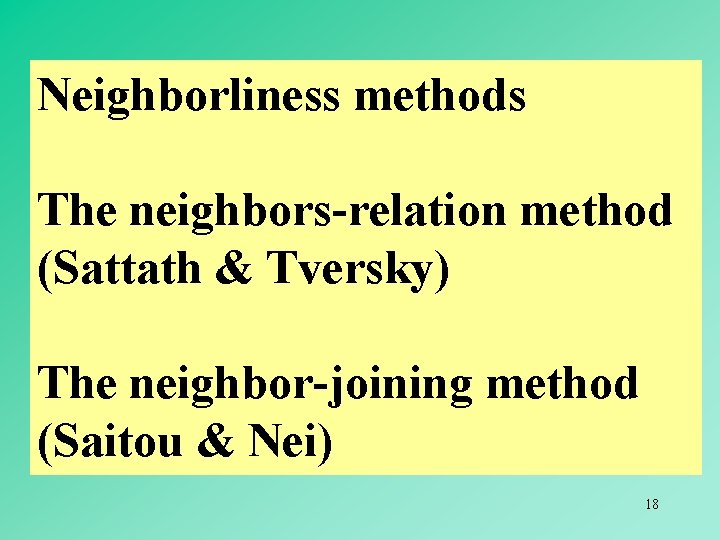 Neighborliness methods The neighbors-relation method (Sattath & Tversky) The neighbor-joining method (Saitou & Nei)
