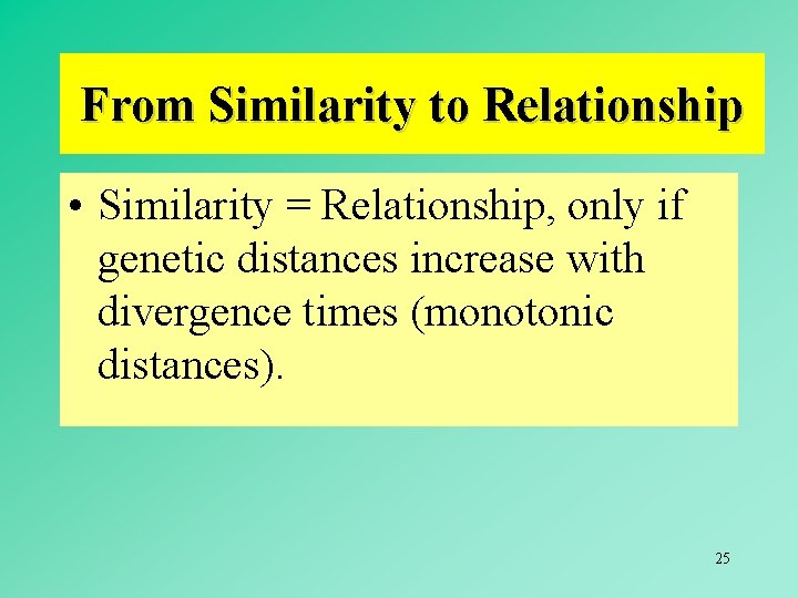 From Similarity to Relationship • Similarity = Relationship, only if genetic distances increase with