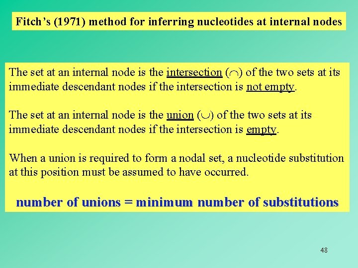 Fitch’s (1971) method for inferring nucleotides at internal nodes The set at an internal