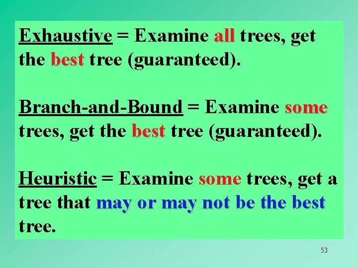 Exhaustive = Examine all trees, get the best tree (guaranteed). Branch-and-Bound = Examine some