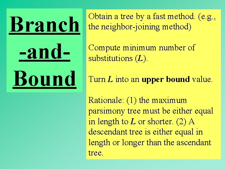 Branch -and. Bound Obtain a tree by a fast method. (e. g. , the