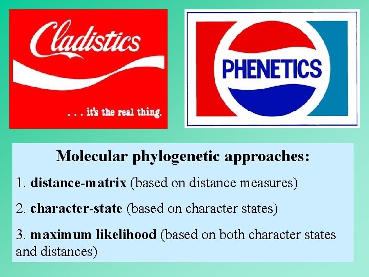 Molecular phylogenetic approaches: 1. distance-matrix (based on distance measures) 2. character-state (based on character
