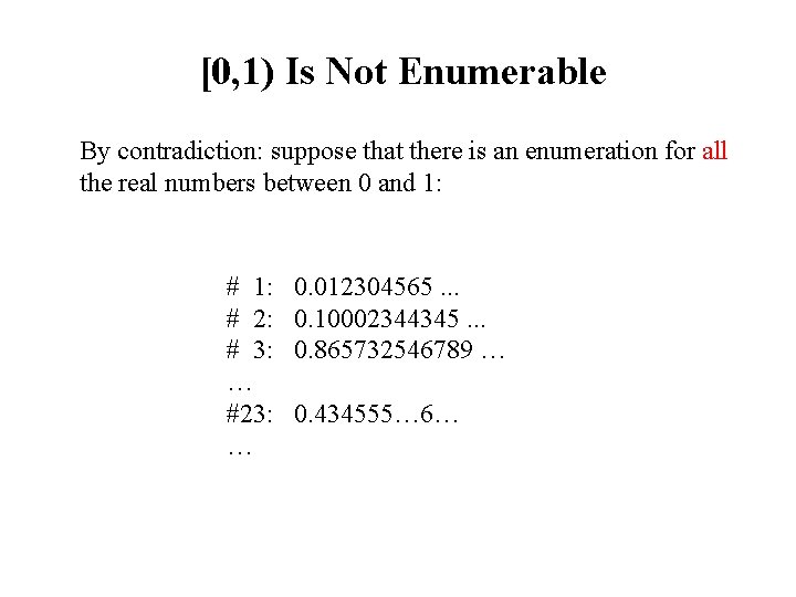[0, 1) Is Not Enumerable By contradiction: suppose that there is an enumeration for