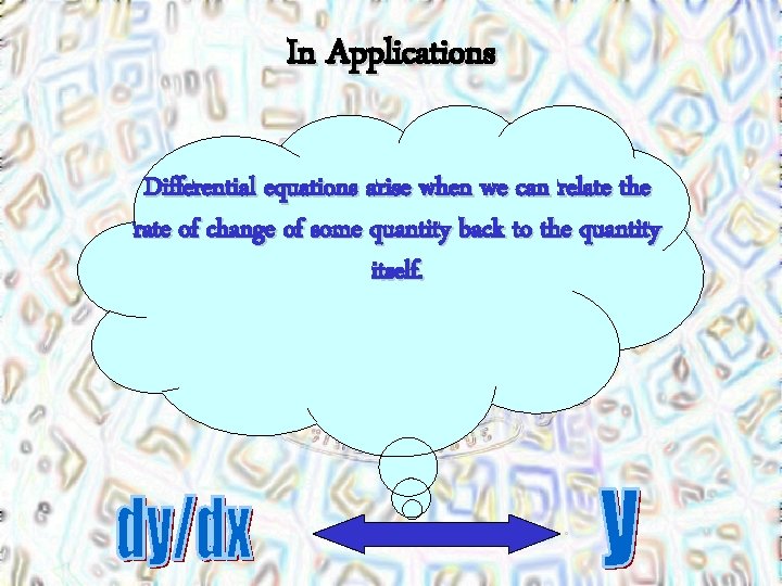In Applications Differential equations arise when we can relate the rate of change of