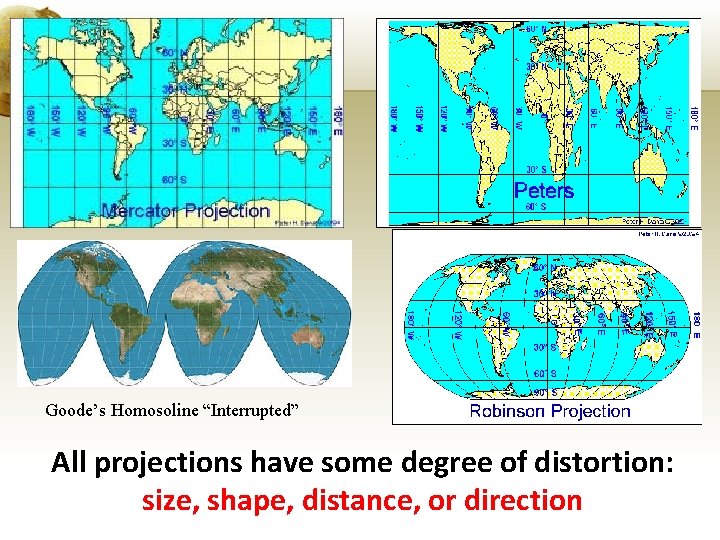 Goode’s Homosoline “Interrupted” All projections have some degree of distortion: size, shape, distance, or
