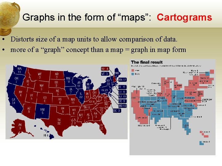 Graphs in the form of “maps”: Cartograms • Distorts size of a map units