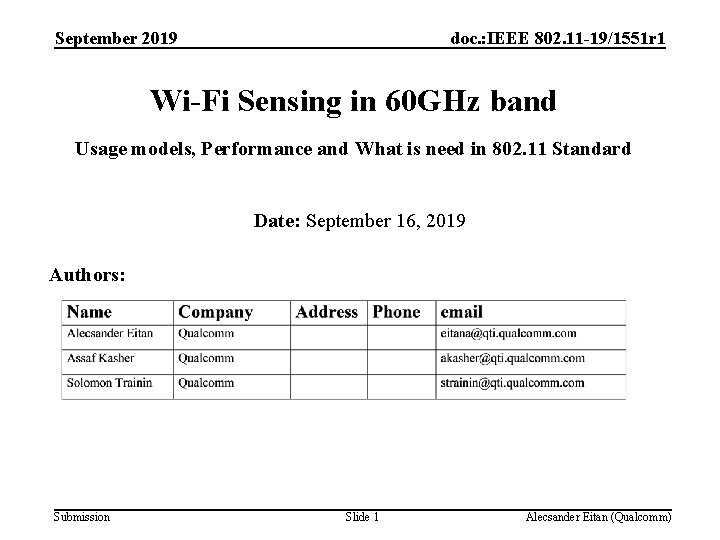 September 2019 doc. : IEEE 802. 11 -19/1551 r 1 Wi-Fi Sensing in 60