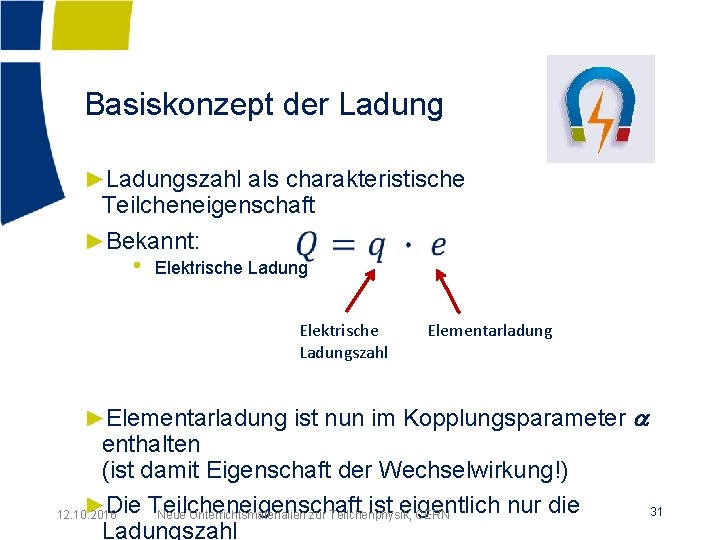 Basiskonzept der Ladung ►Ladungszahl als charakteristische Teilcheneigenschaft ►Bekannt: • Elektrische Ladungszahl Elementarladung ►Elementarladung ist