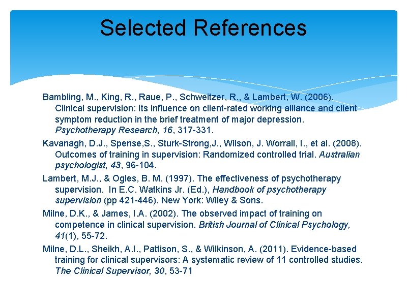 Selected References Bambling, M. , King, R. , Raue, P. , Schweitzer, R. , Selected References Bambling, M. , King, R. , Raue, P. , Schweitzer, R. ,