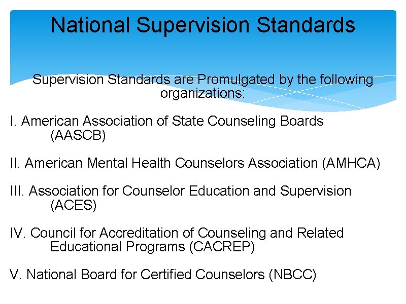 National Supervision Standards are Promulgated by the following organizations: I. American Association of State National Supervision Standards are Promulgated by the following organizations: I. American Association of State