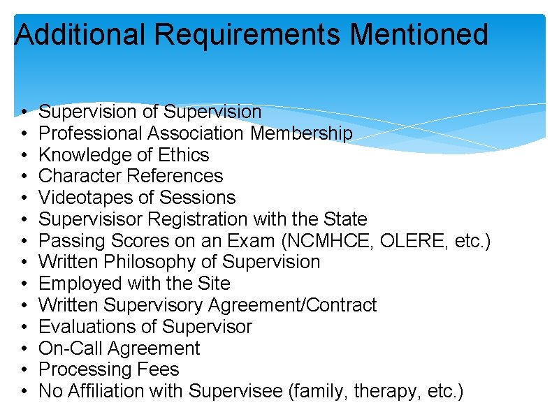 Additional Requirements Mentioned • • • • Supervision of Supervision Professional Association Membership Knowledge Additional Requirements Mentioned • • • • Supervision of Supervision Professional Association Membership Knowledge
