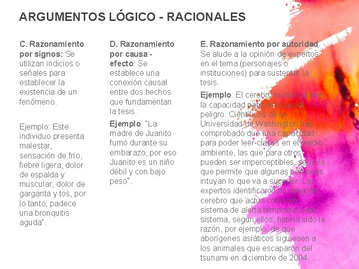 ARGUMENTOS LÓGICO - RACIONALES C. Razonamiento por signos: Se utilizan indicios o señales para