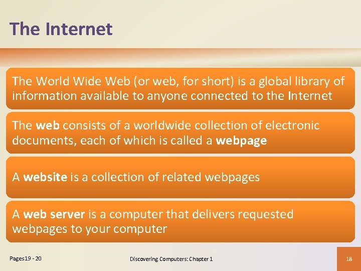 The Internet The World Wide Web (or web, for short) is a global library