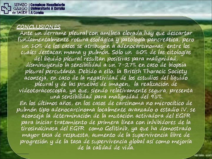 CONCLUSIONES Ante un derrame pleural con amilasa elevada hay que descartar fundamentalmente rotura esofágica