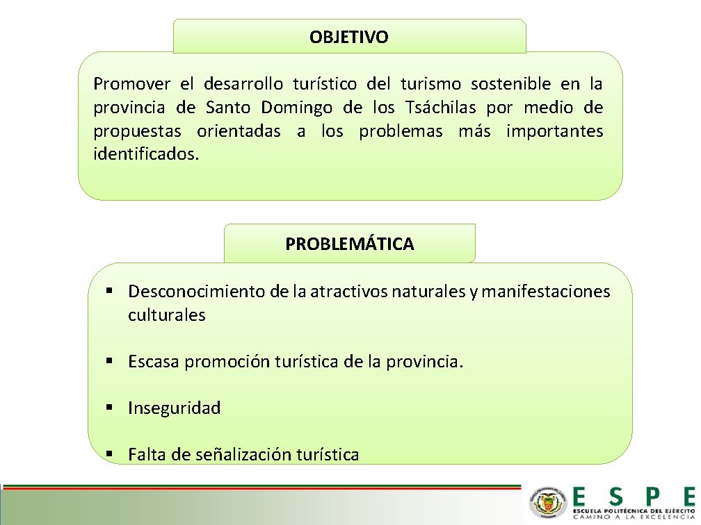 OBJETIVO Promover el desarrollo turístico del turismo sostenible en la provincia de Santo Domingo