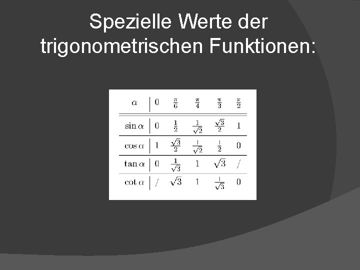 Spezielle Werte der trigonometrischen Funktionen: 