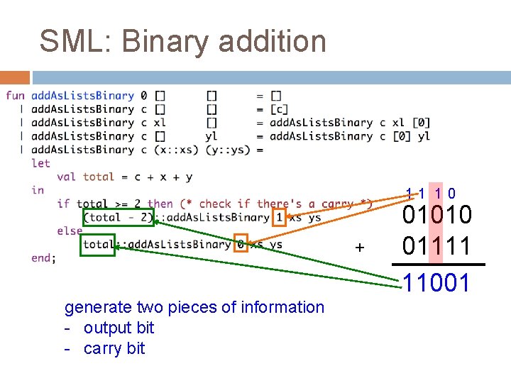 SML: Binary addition 11 1 0 + generate two pieces of information - output