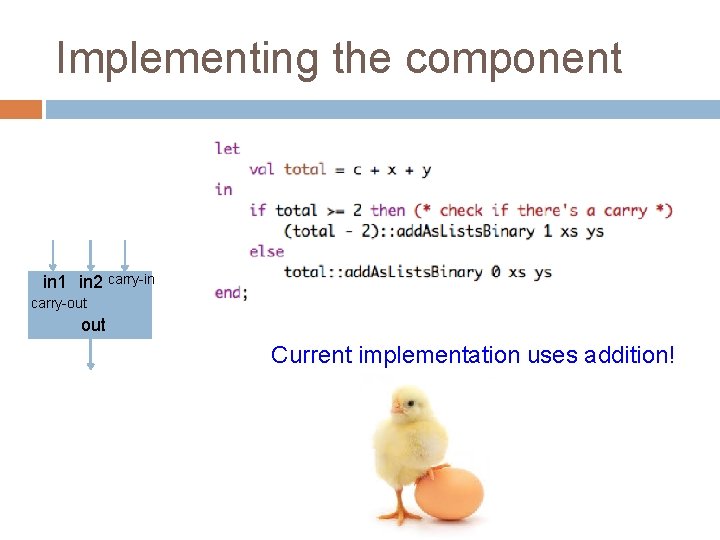 Implementing the component in 1 in 2 carry-in carry-out Current implementation uses addition! 