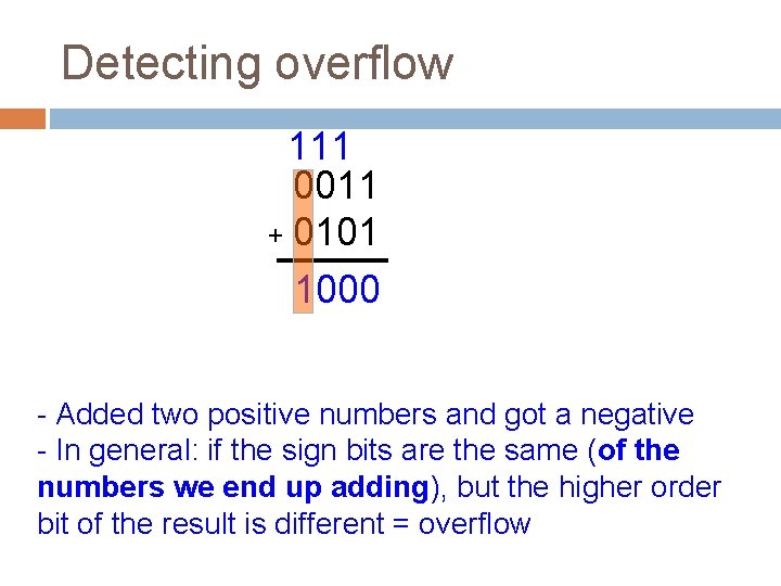 Detecting overflow 111 0011 + 0101 1000 - Added two positive numbers and got