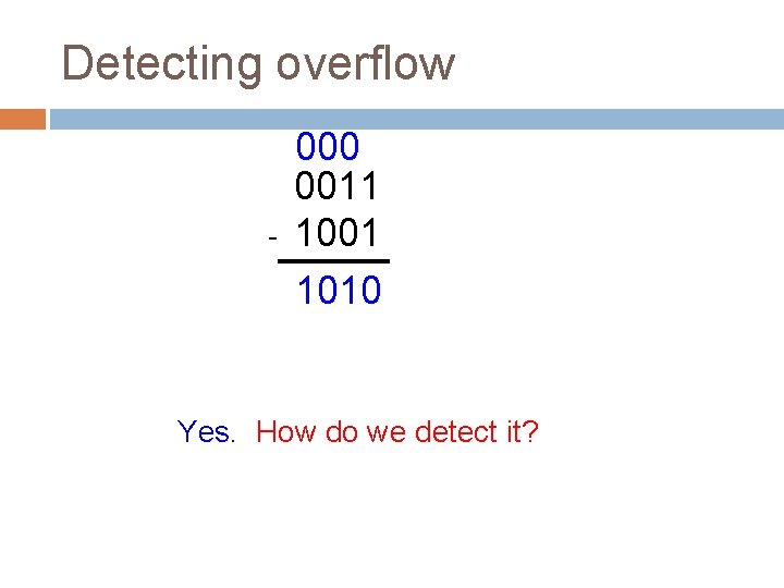 Detecting overflow - 000 0011 1001 1010 Yes. How do we detect it? 