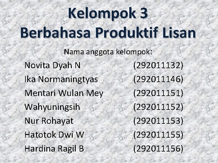 Kelompok 3 Berbahasa Produktif Lisan Nama anggota kelompok: Novita Dyah N Ika Normaningtyas Mentari