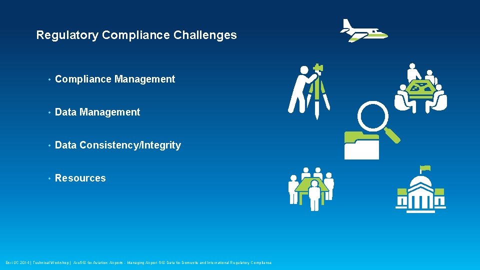 Regulatory Compliance Challenges • Compliance Management • Data Consistency/Integrity • Resources Esri UC 2014
