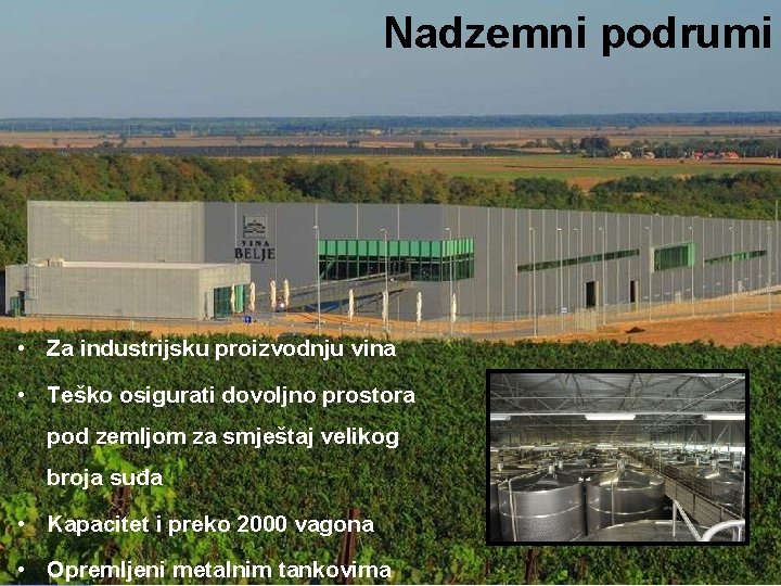 Nadzemni podrumi • Za industrijsku proizvodnju vina • Teško osigurati dovoljno prostora pod zemljom