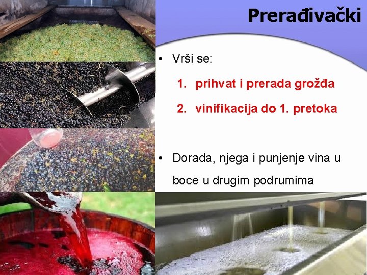 Prerađivački • Vrši se: 1. prihvat i prerada grožđa 2. vinifikacija do 1. pretoka