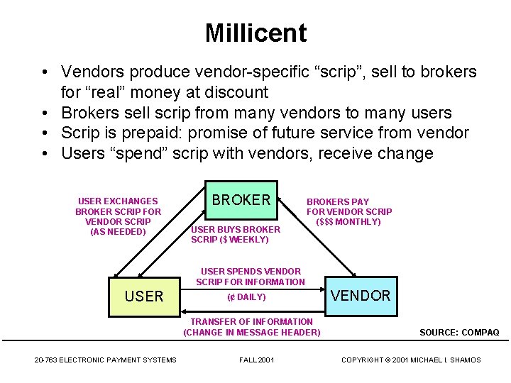 Millicent • Vendors produce vendor-specific “scrip”, sell to brokers for “real” money at discount