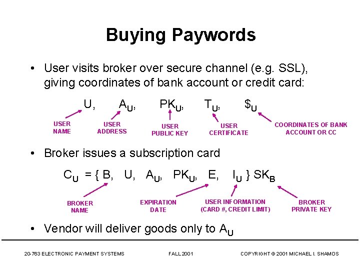 Buying Paywords • User visits broker over secure channel (e. g. SSL), giving coordinates