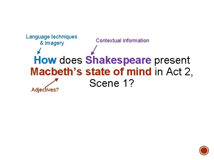 Language techniques & imagery Contextual information How does Shakespeare present Macbeth’s state of mind Language techniques & imagery Contextual information How does Shakespeare present Macbeth’s state of mind
