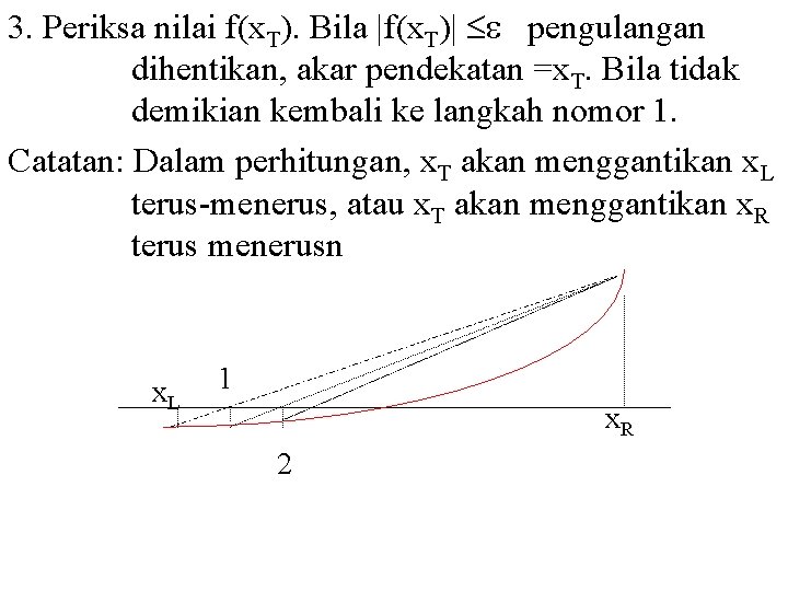 3. Periksa nilai f(x. T). Bila |f(x. T)| pengulangan dihentikan, akar pendekatan =x. T.