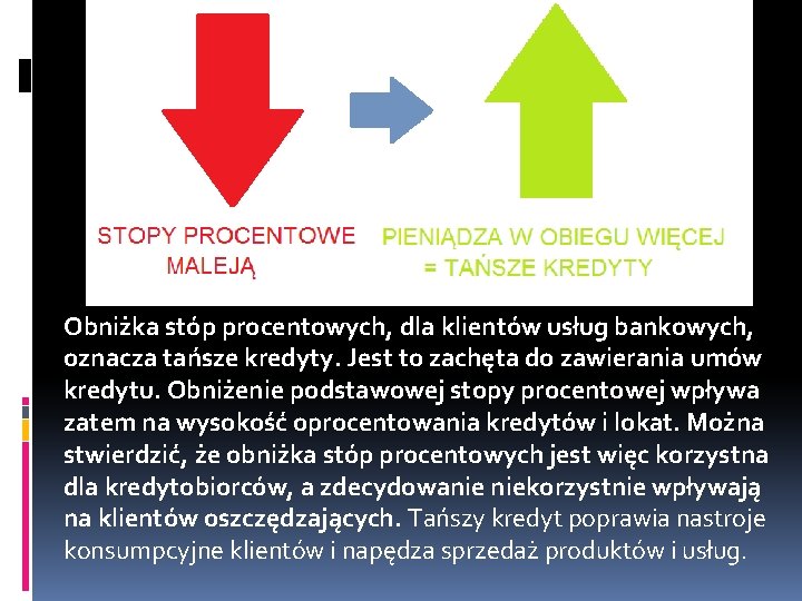 Obniżka stóp procentowych, dla klientów usług bankowych, oznacza tańsze kredyty. Jest to zachęta do