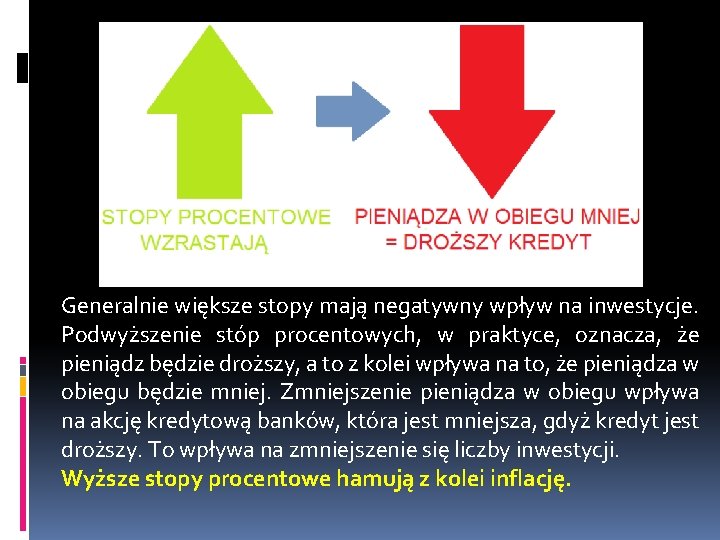 Generalnie większe stopy mają negatywny wpływ na inwestycje. Podwyższenie stóp procentowych, w praktyce, oznacza,