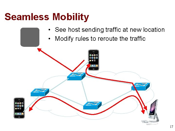 Seamless Mobility • See host sending traffic at new location • Modify rules to