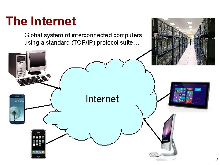 The Internet Global system of interconnected computers using a standard (TCP/IP) protocol suite… Internet