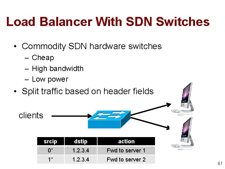 Load Balancer With SDN Switches • Commodity SDN hardware switches – Cheap – High