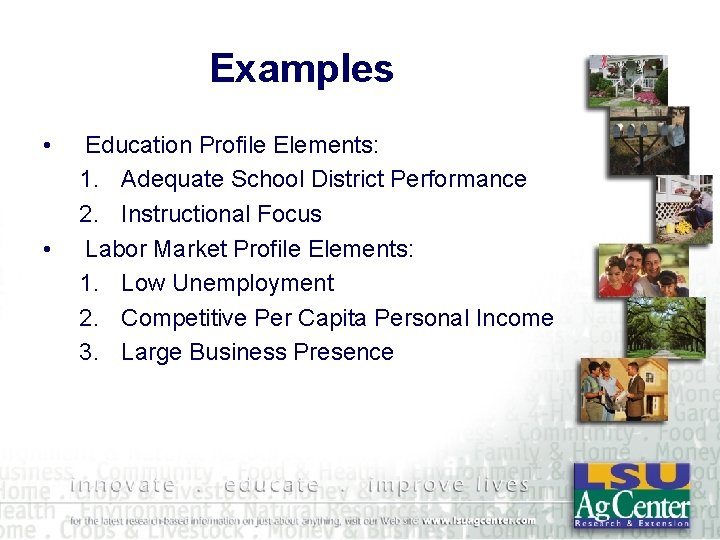 Examples • • Education Profile Elements: 1. Adequate School District Performance 2. Instructional Focus
