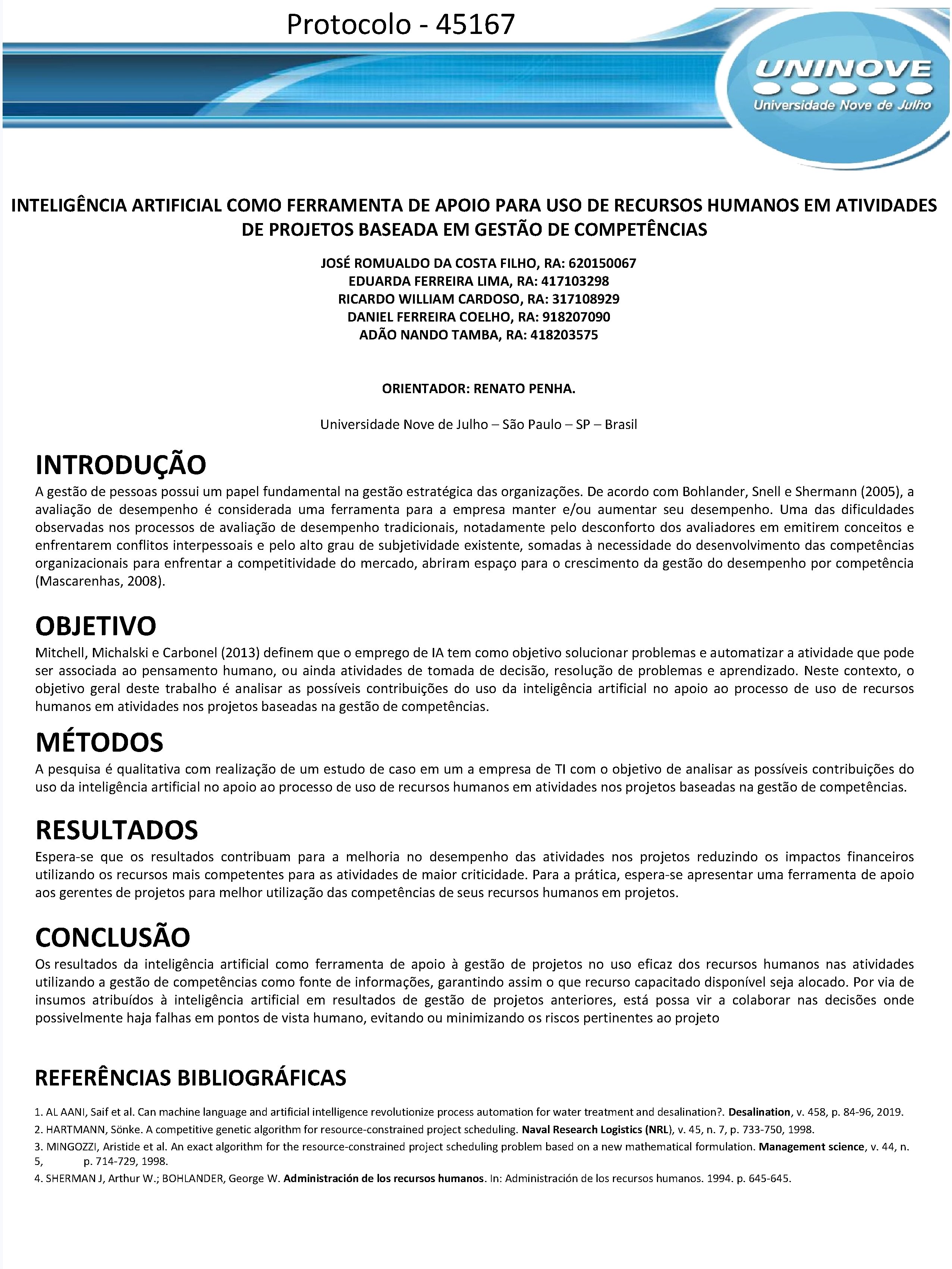 Protocolo ‐ 45167 INTELIGÊNCIA ARTIFICIAL COMO FERRAMENTA DE APOIO PARA USO DE RECURSOS HUMANOS