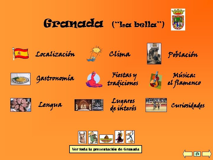 Granada (“La bella”) Localización Clima Población Gastronomía Fiestas y tradiciones Música: el flamenco Lengua