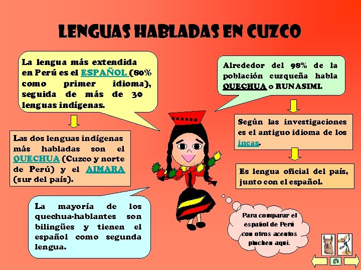 Lenguas habladas en cuzco La lengua más extendida en Perú es el ESPAÑOL (80%