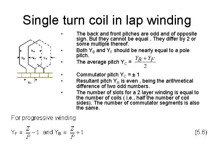 Single turn coil in lap winding • • • The back and front pitches