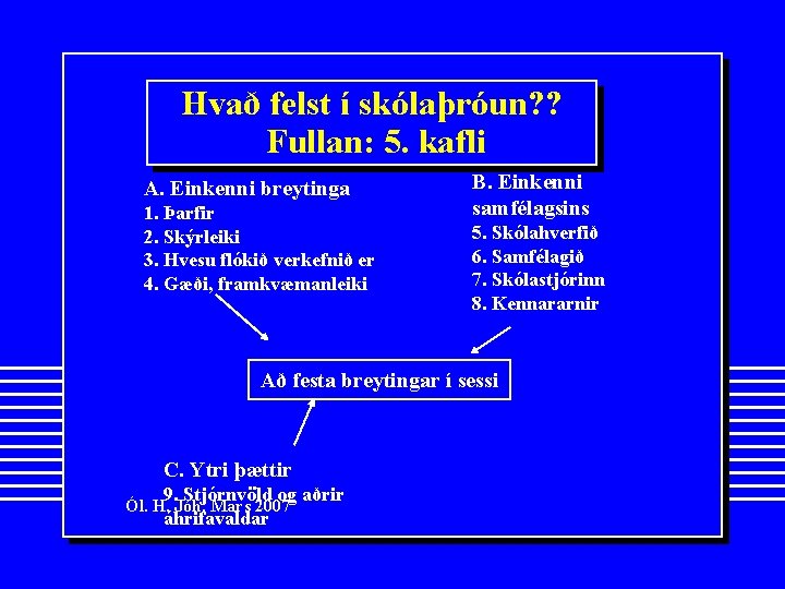 Hvað felst í skólaþróun? ? Fullan: 5. kafli A. Einkenni breytinga 1. Þarfir 2.