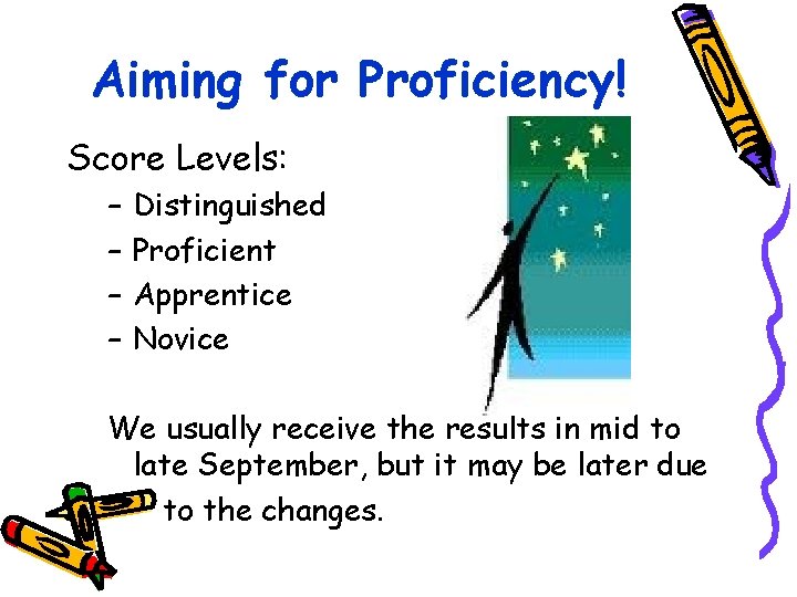 Aiming for Proficiency! Score Levels: – – Distinguished Proficient Apprentice Novice We usually receive Aiming for Proficiency! Score Levels: – – Distinguished Proficient Apprentice Novice We usually receive