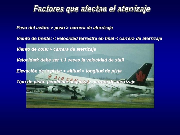 Peso del avión: > peso > carrera de aterrizaje Viento de frente: < velocidad